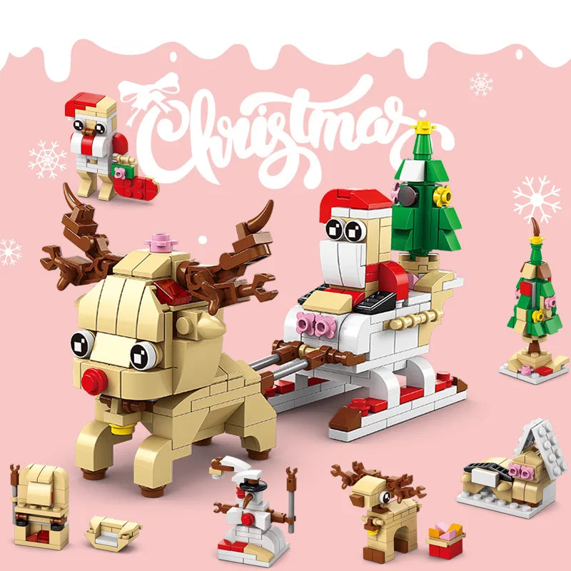 DIY 6in1 Lights Christmas Elk Deer Santa Claus Train Architecture Store Street View Xmas Tree Snow House Building Blocks Kit Toy