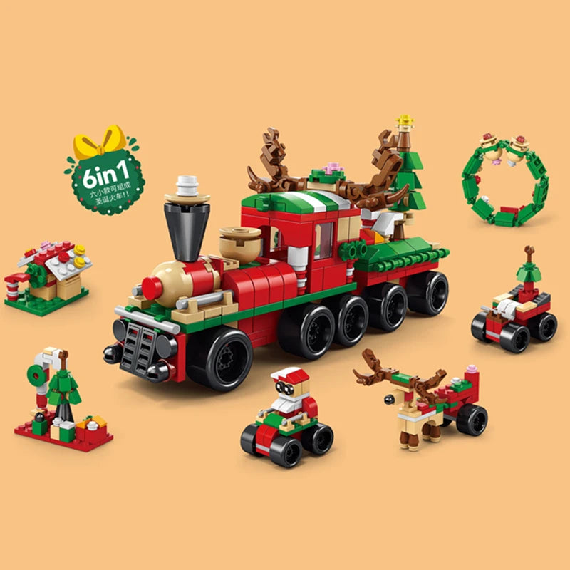 DIY 6in1 Lights Christmas Elk Deer Santa Claus Train Architecture Store Street View Xmas Tree Snow House Building Blocks Kit Toy