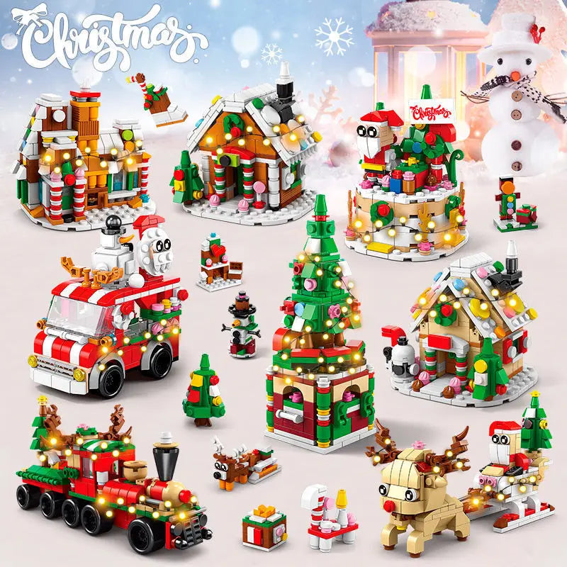 DIY 6in1 Lights Christmas Elk Deer Santa Claus Train Architecture Store Street View Xmas Tree Snow House Building Blocks Kit Toy