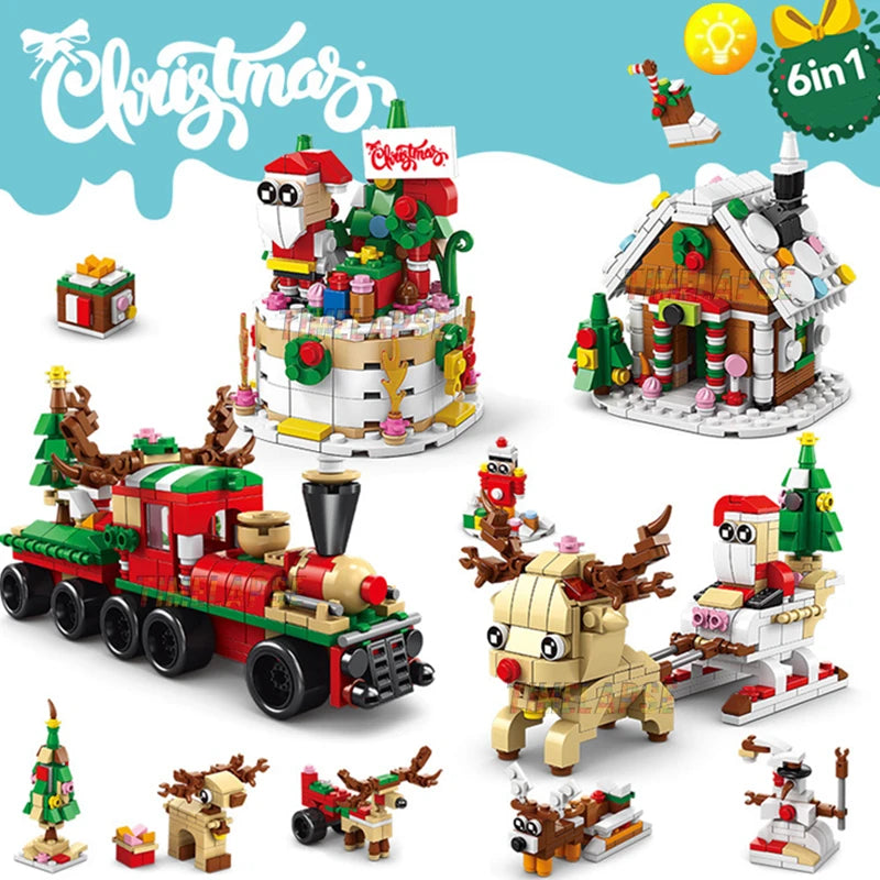 DIY 6in1 Lights Christmas Elk Deer Santa Claus Train Architecture Store Street View Xmas Tree Snow House Building Blocks Kit Toy