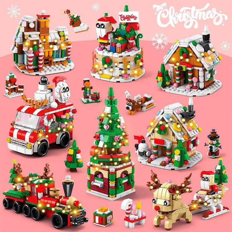 DIY 6in1 Lights Christmas Elk Deer Santa Claus Train Architecture Store Street View Xmas Tree Snow House Building Blocks Kit Toy