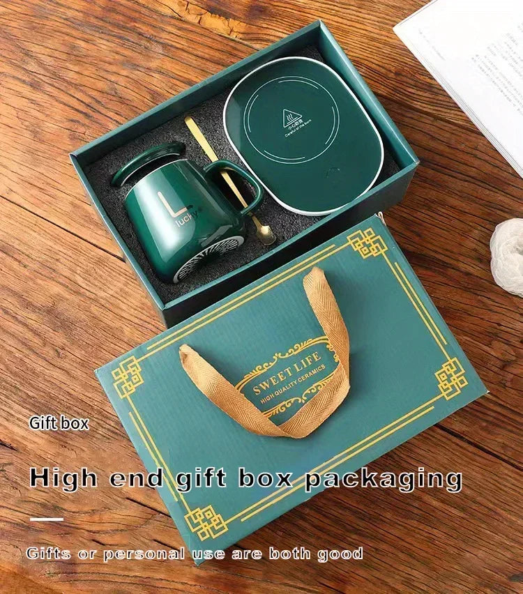 gift box ceramic cup  with Spoon and Storage Bag Set  Folding Spoon for Portable Meals 55 degrees Thermostat Cup