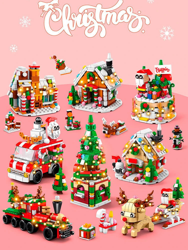 DIY 6in1 Lights Christmas Elk Deer Santa Claus Train Architecture Store Street View Xmas Tree Snow House Building Blocks Kit Toy